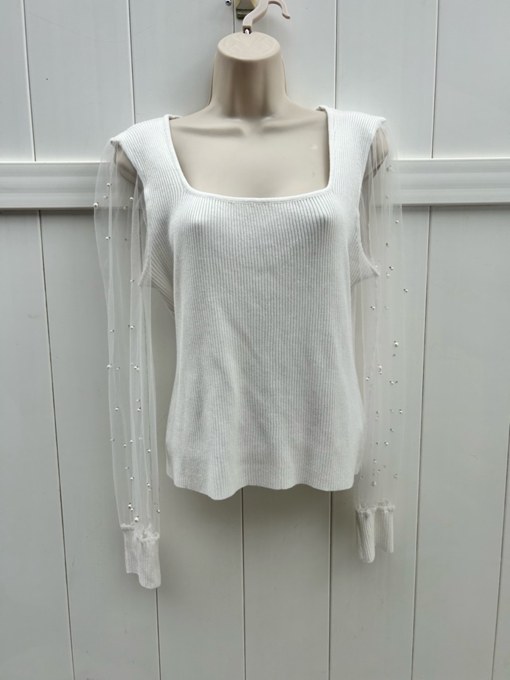 Madden Girl White Bridal Pearl-Embellished Sheer Sleeve Ribbed Sweater Top | XL